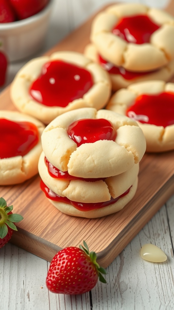 Sugar cookie sandwiches filled with strawberry jam on a wooden platter, surrounded by fresh strawberries.