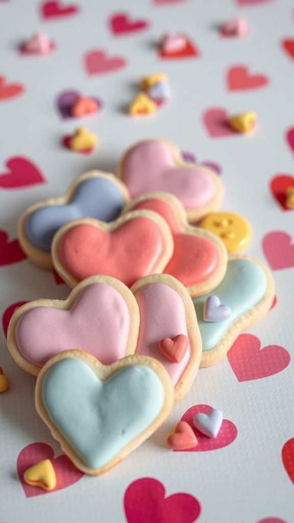 A variety of heart-shaped sugar cookies decorated with pastel icing and small conversation heart candies scattered around.