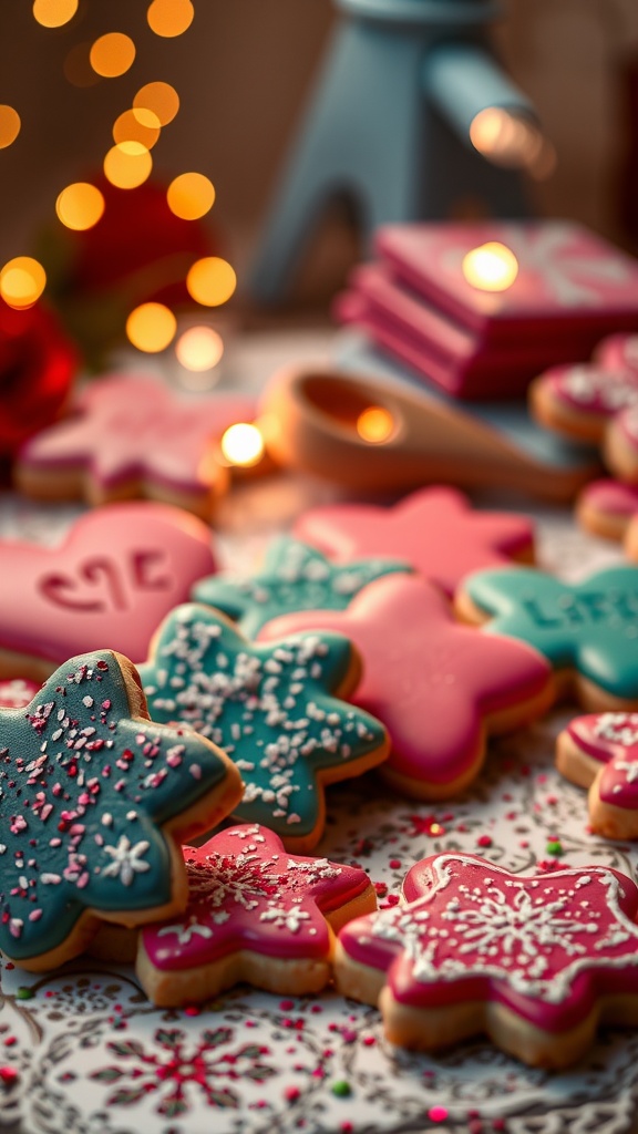 A collection of decorated Valentine's Day sugar cookies with edible glitter in various shapes and colors.
