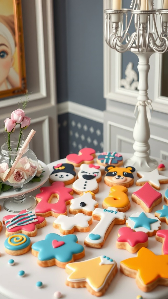 A variety of decorated sugar cookies in different shapes and colors, displayed on a table.