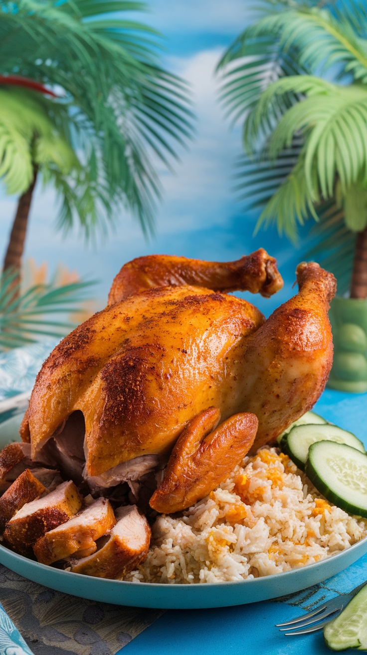A beautifully roasted Thai spiced whole chicken served with rice and cucumbers, set against a tropical backdrop.