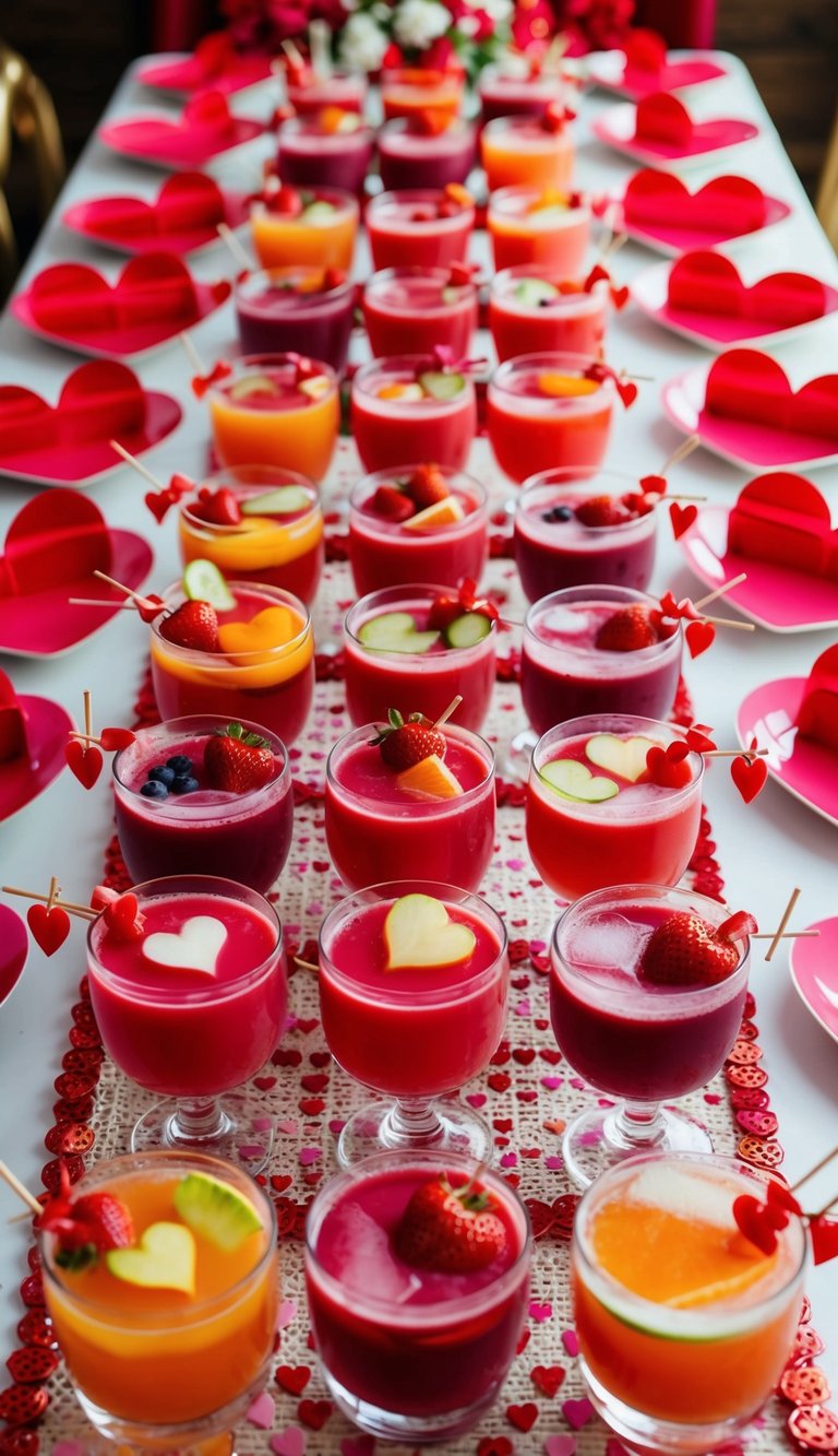 A colorful array of 23 Valentine's Day mocktails arranged on a festive table with heart-shaped garnishes and romantic decorations
