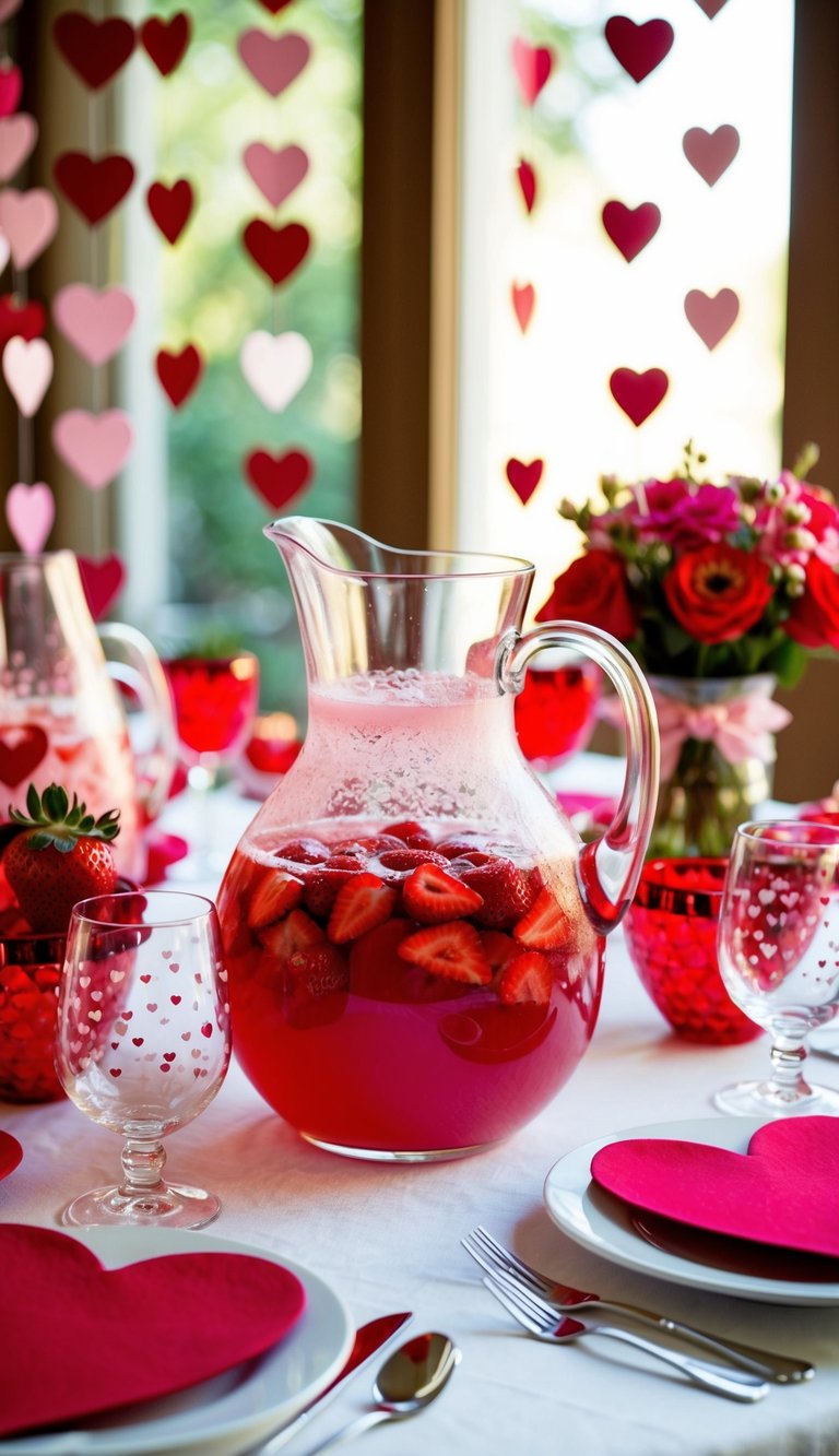 A festive table with a pitcher of strawberry punch, surrounded by glasses and heart-shaped decorations