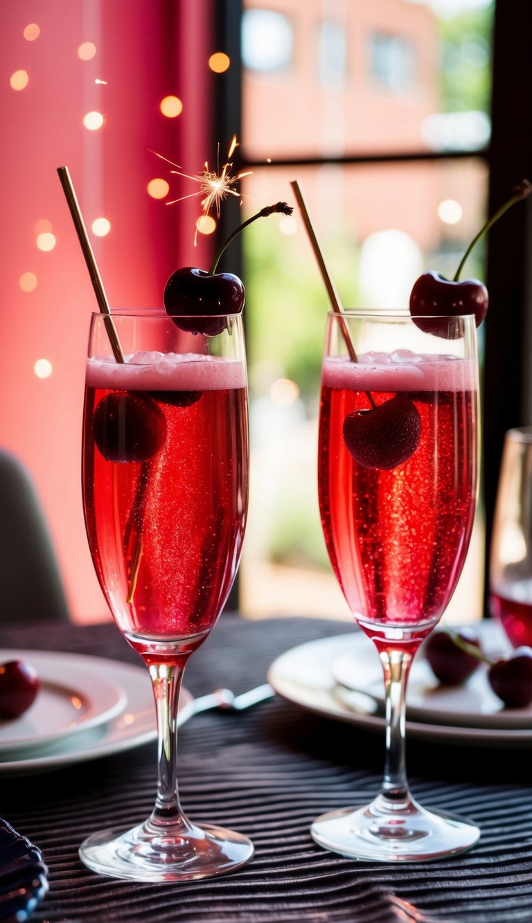 A table set with two cherry kiss sparkler mocktails in tall glasses, garnished with fresh cherries and sparkling with red and pink hues