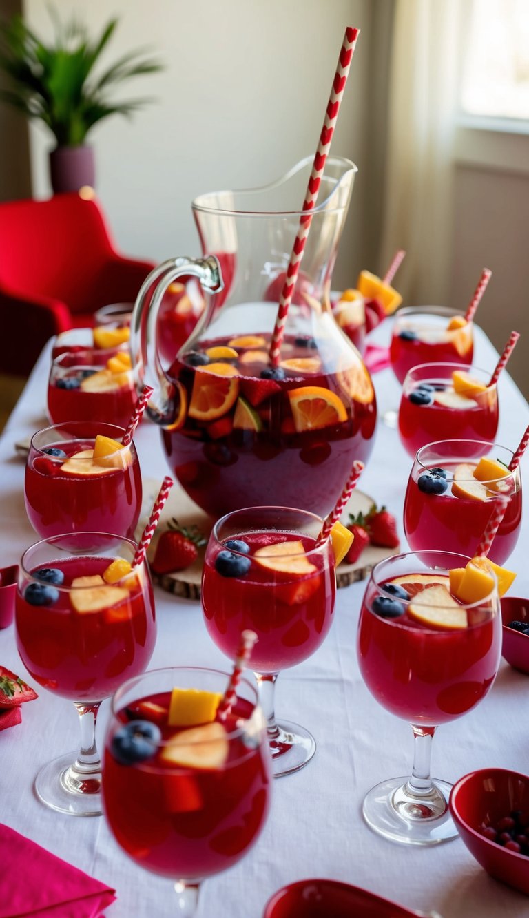 A table set with a pitcher of Sweetheart's Sangria surrounded by 23 Valentine's Day mocktail glasses, each garnished with fresh fruit and a decorative straw
