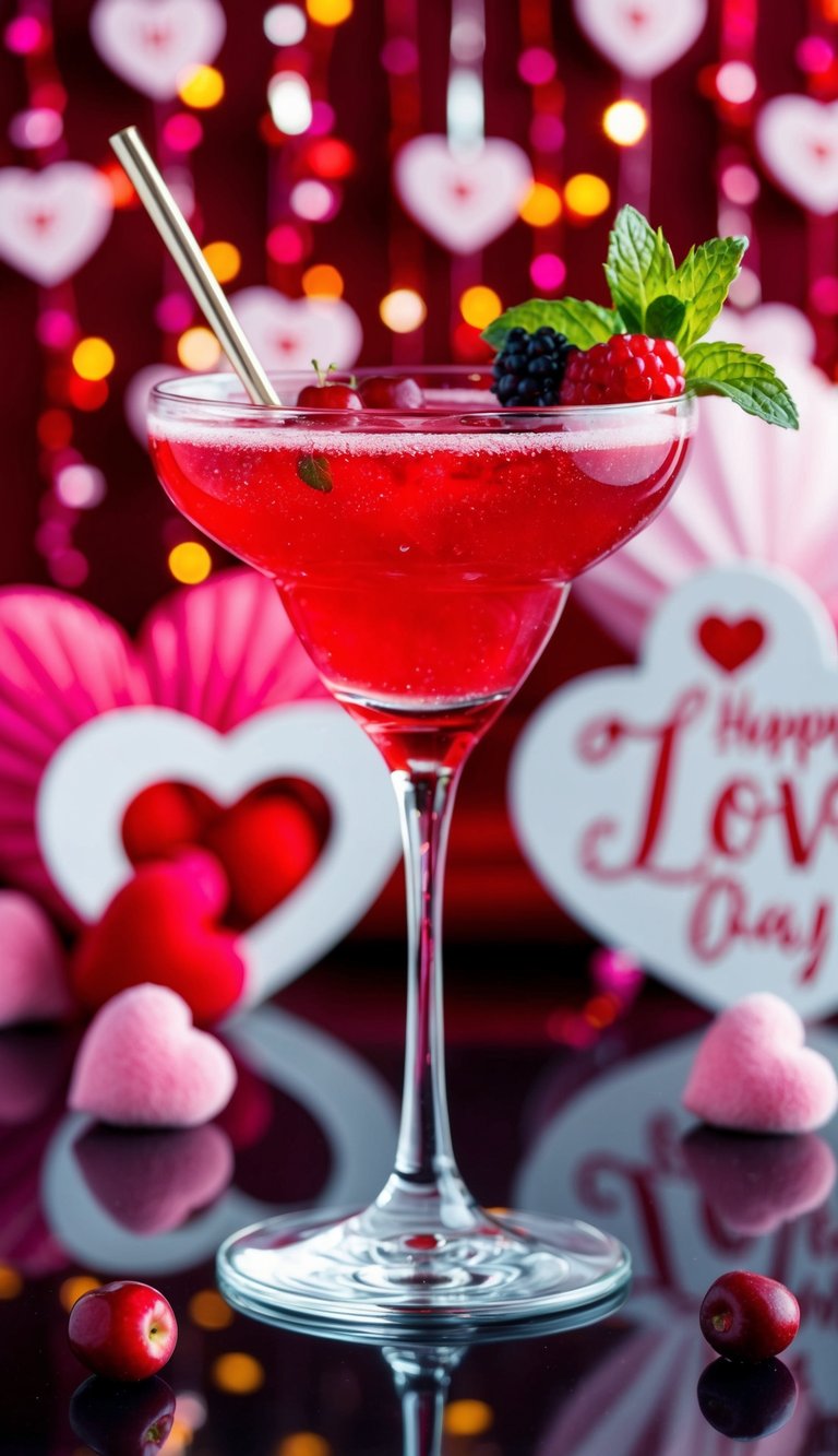 A sparkling glass filled with a vibrant red mocktail, garnished with fresh berries and a sprig of mint, set against a backdrop of romantic Valentine's Day decorations