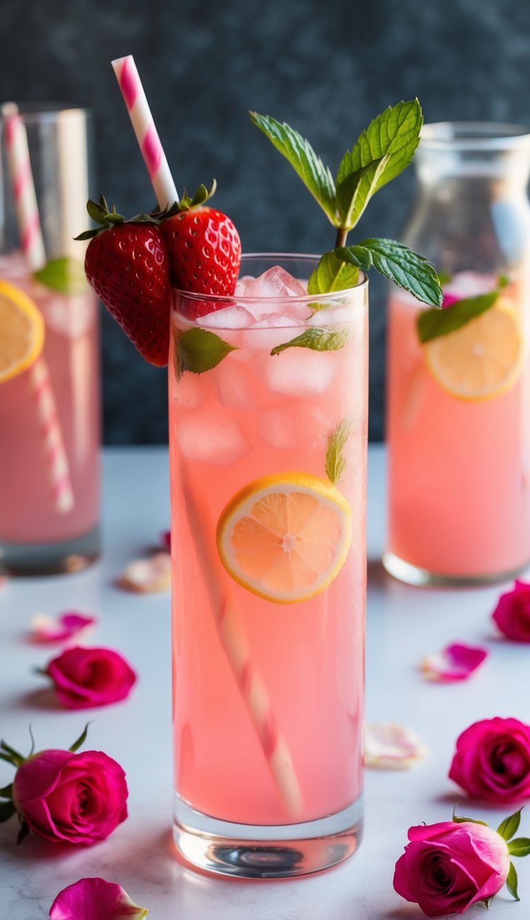 A tall glass filled with pink lemonade, garnished with a heart-shaped strawberry and a sprig of mint, surrounded by scattered rose petals