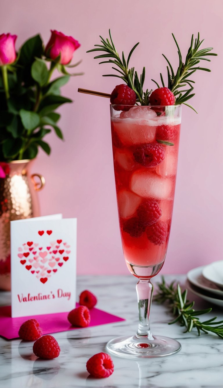 A tall glass filled with a vibrant pink Raspberry Rose Cooler, garnished with fresh raspberries and a sprig of rosemary, sits on a marble table next to a delicate Valentine's Day card