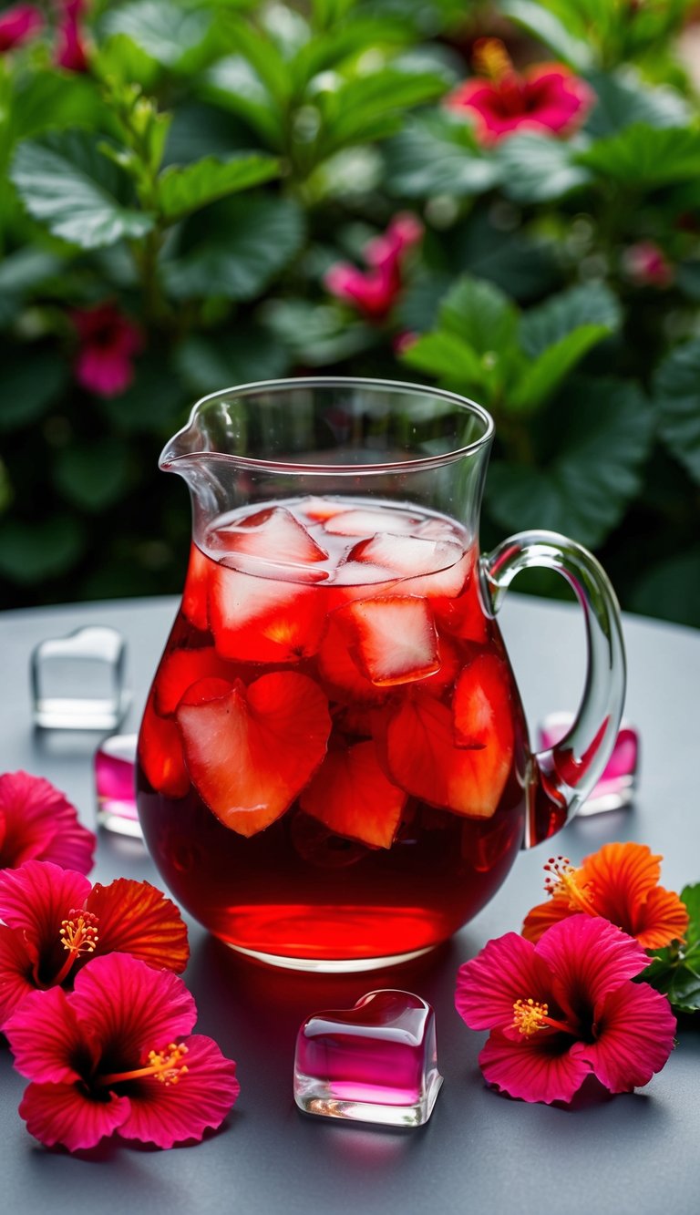 A glass pitcher filled with vibrant red hibiscus iced tea surrounded by heart-shaped ice cubes and fresh hibiscus flowers