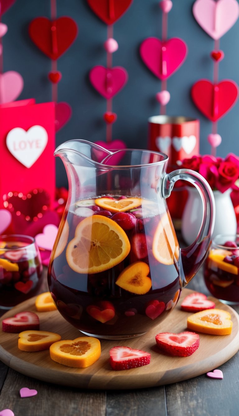 A pitcher of Virgin Sangria surrounded by heart-shaped fruit slices, with Valentine's Day decorations in the background