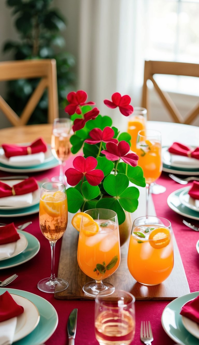 A table set with vibrant crimson clover and citrus mocktails for a Valentine's Day celebration