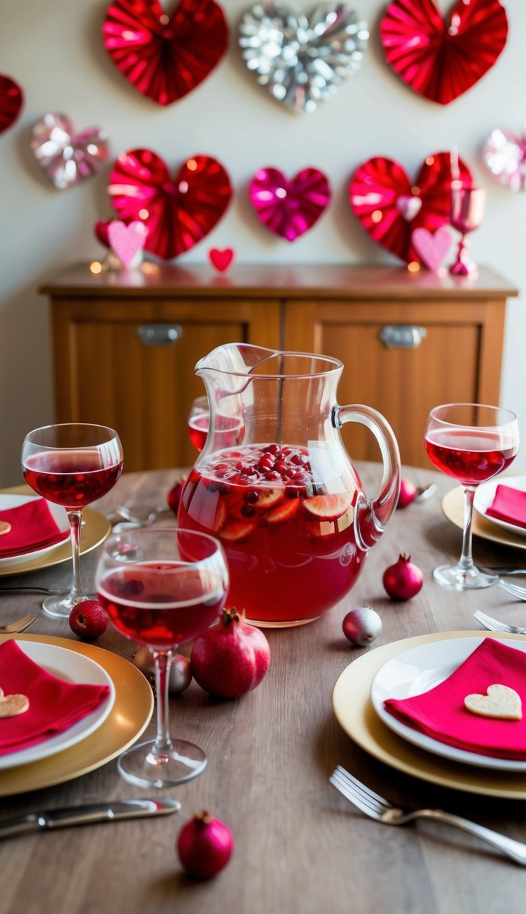 A table set with a pitcher of pomegranate punch, surrounded by festive Valentine's Day decorations and 23 mocktail glasses