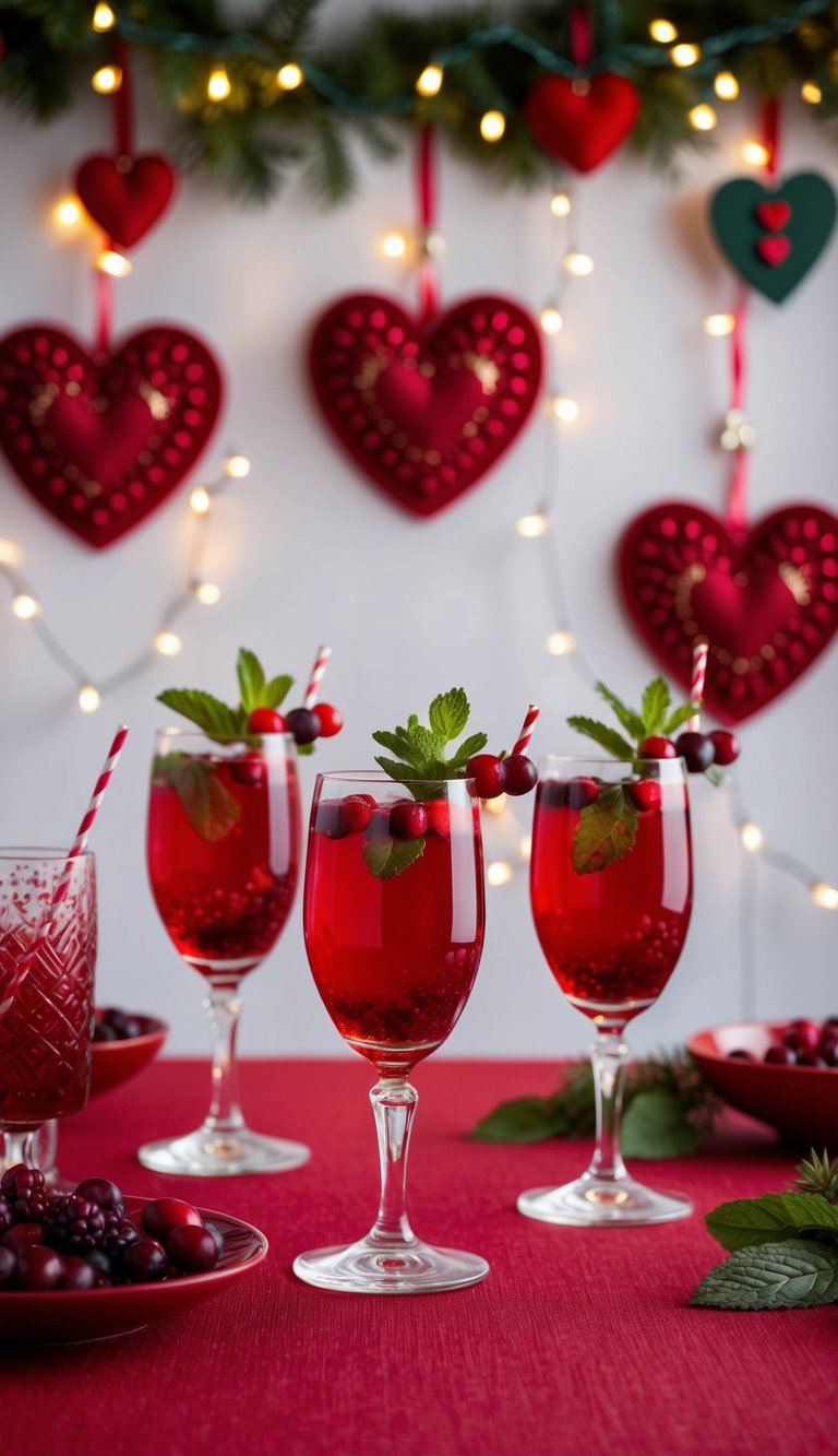 A festive table adorned with glasses of cranberry mocktails, garnished with fresh berries and sprigs of mint, set against a backdrop of heart-shaped decorations and twinkling fairy lights