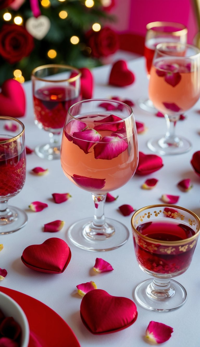 A glass filled with rose petal water surrounded by 23 Valentine's Day mocktails on a festive table