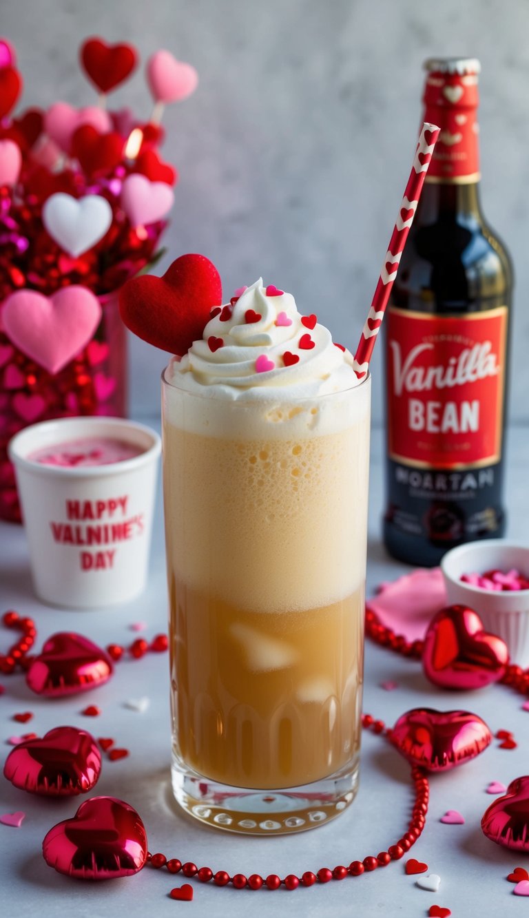 A frothy vanilla bean soda in a tall glass adorned with Valentine's Day themed decorations and surrounded by 23 mocktail ingredients