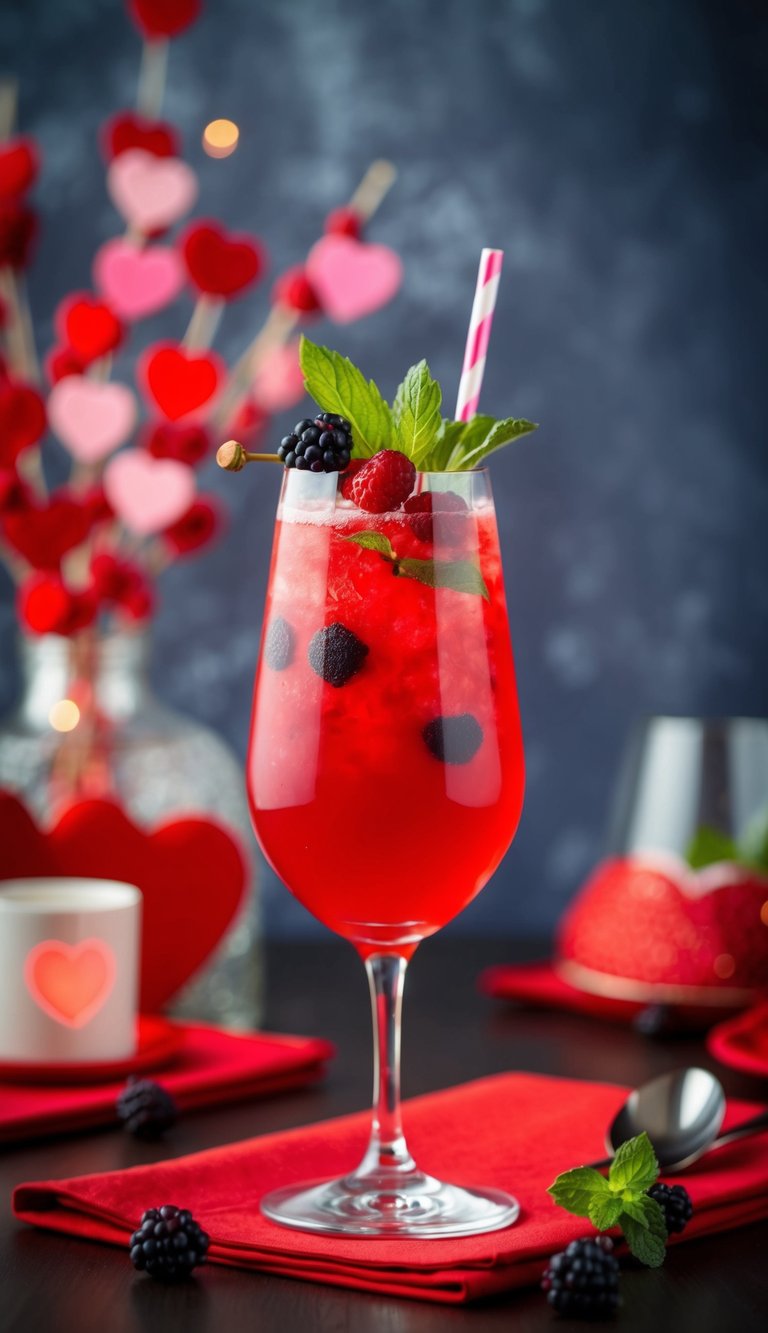 A glass filled with a vibrant red mocktail, garnished with fresh berries and a sprig of mint, set on a table with a romantic Valentine's Day theme