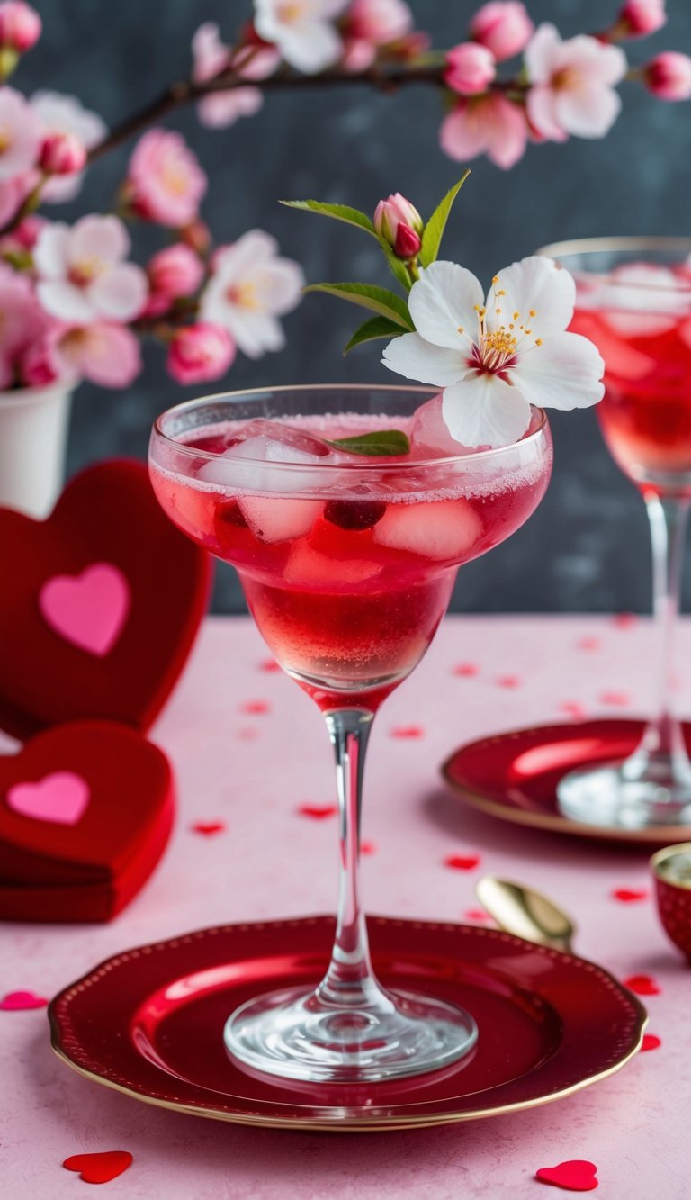 A glass of cherry blossom mocktail with fresh flowers and ice, set on a romantic Valentine's Day themed table