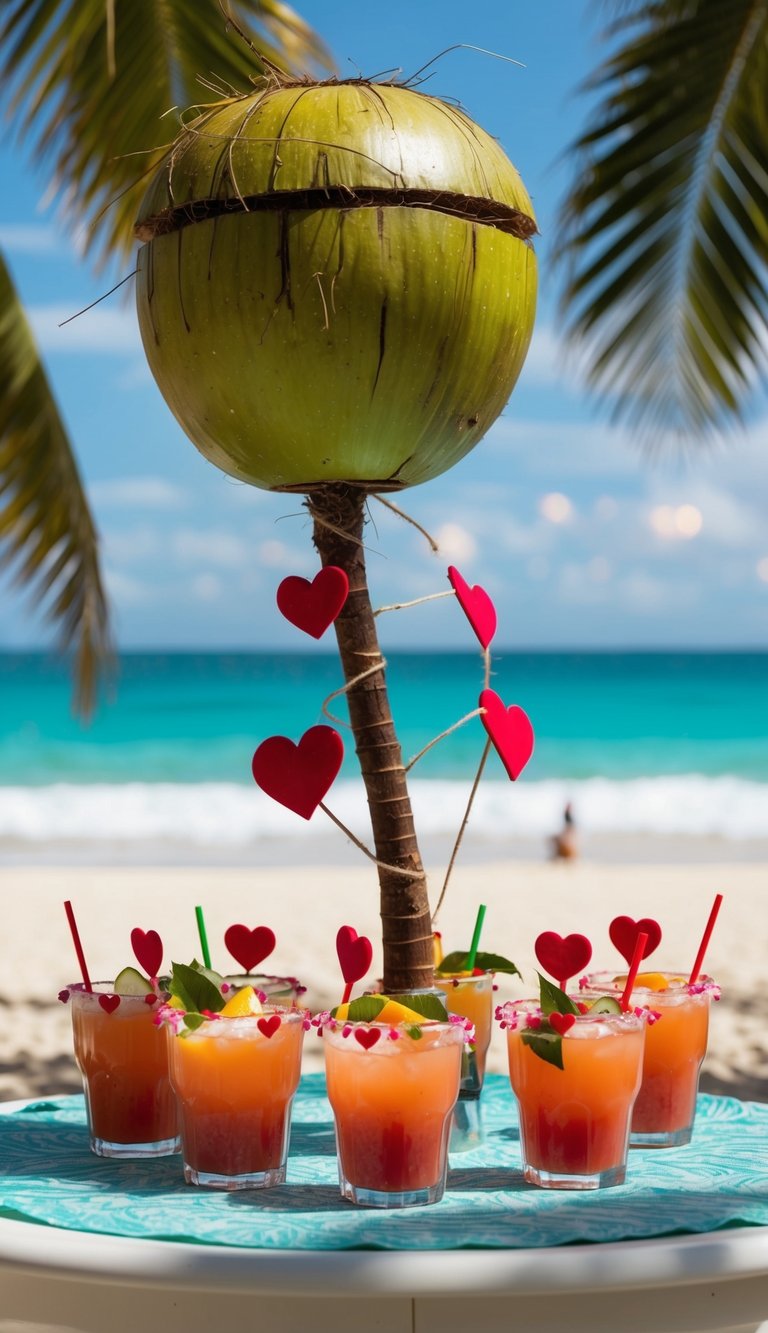 A tropical beach setting with a coconut shrub adorned with heart-shaped decorations and 23 festive mocktails displayed on a table
