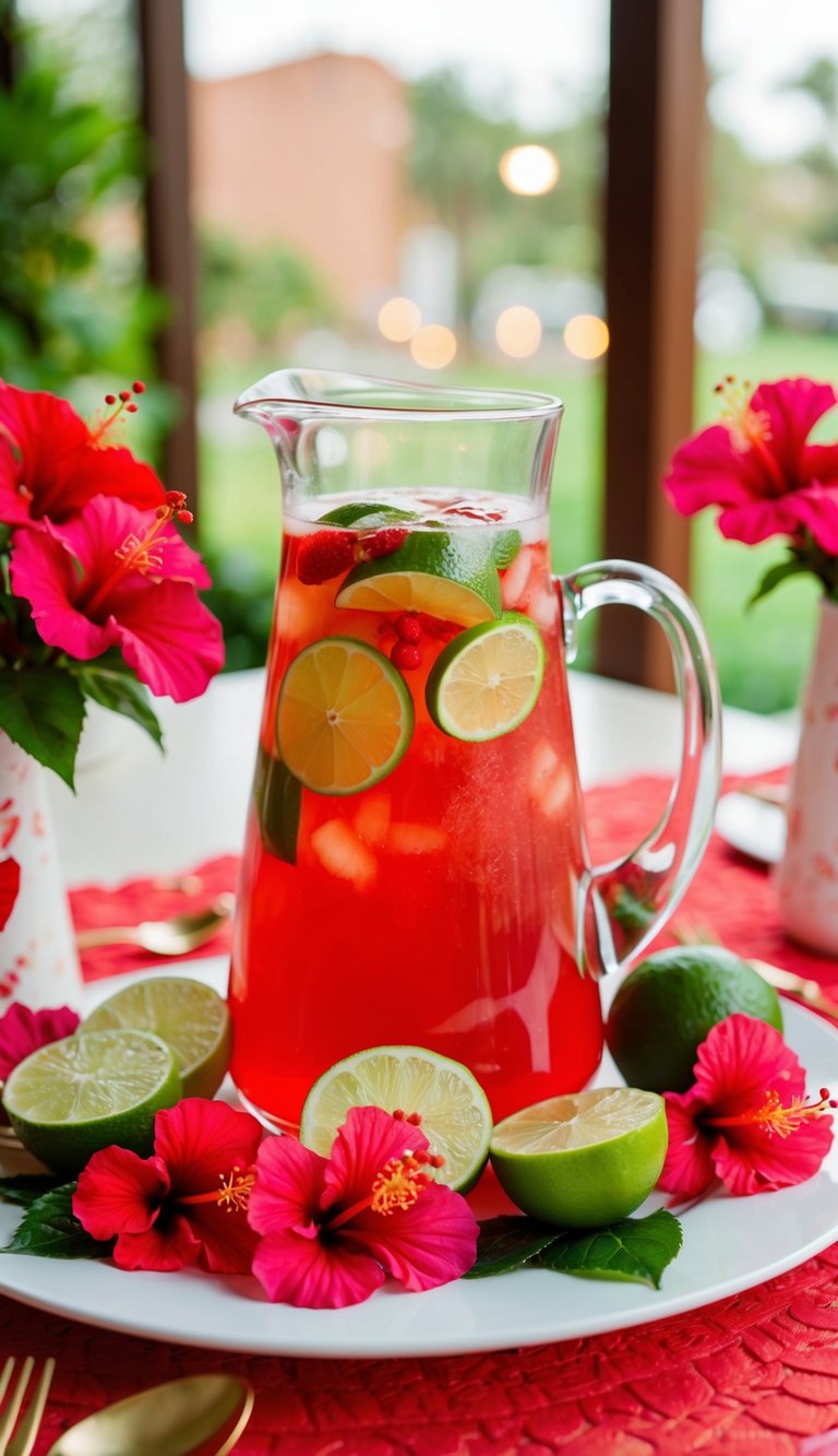 A glass pitcher filled with vibrant red hibiscus limeade surrounded by fresh lime slices and hibiscus flowers on a Valentine's Day-themed table setting