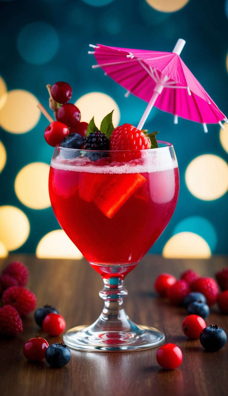 A heart-shaped glass filled with a vibrant red drink, adorned with a garnish of fresh berries and a festive cocktail umbrella