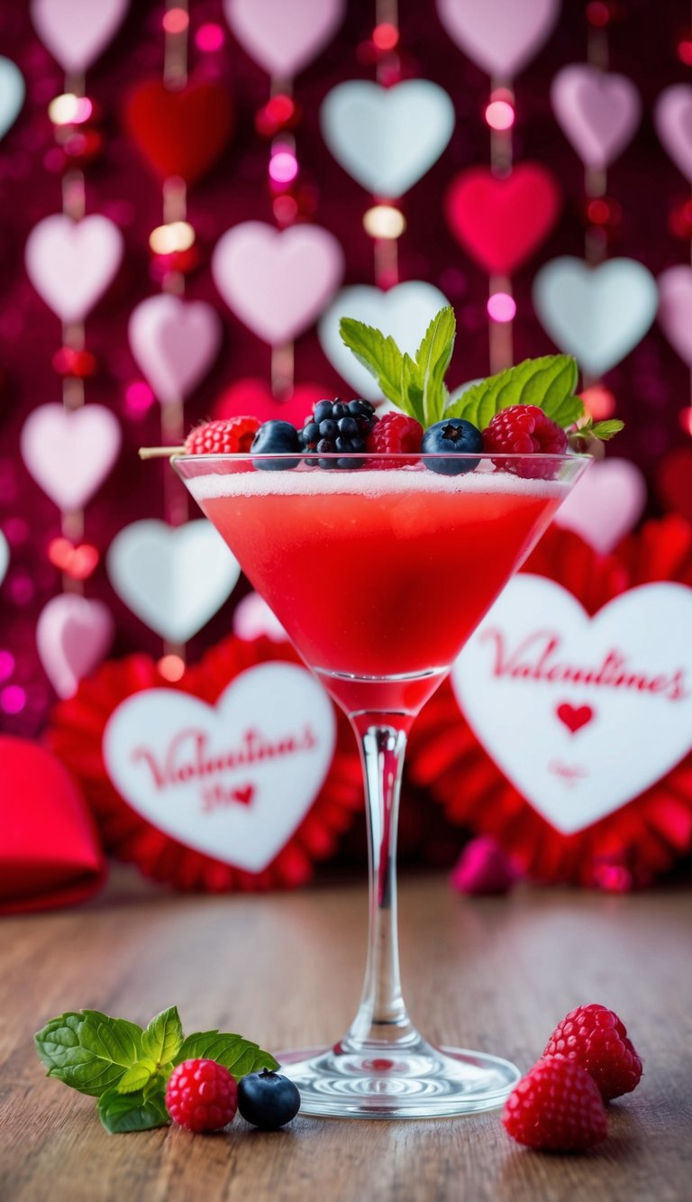 A glass filled with a vibrant red mocktail, garnished with fresh berries and a sprig of mint, set against a backdrop of romantic Valentine's Day decor