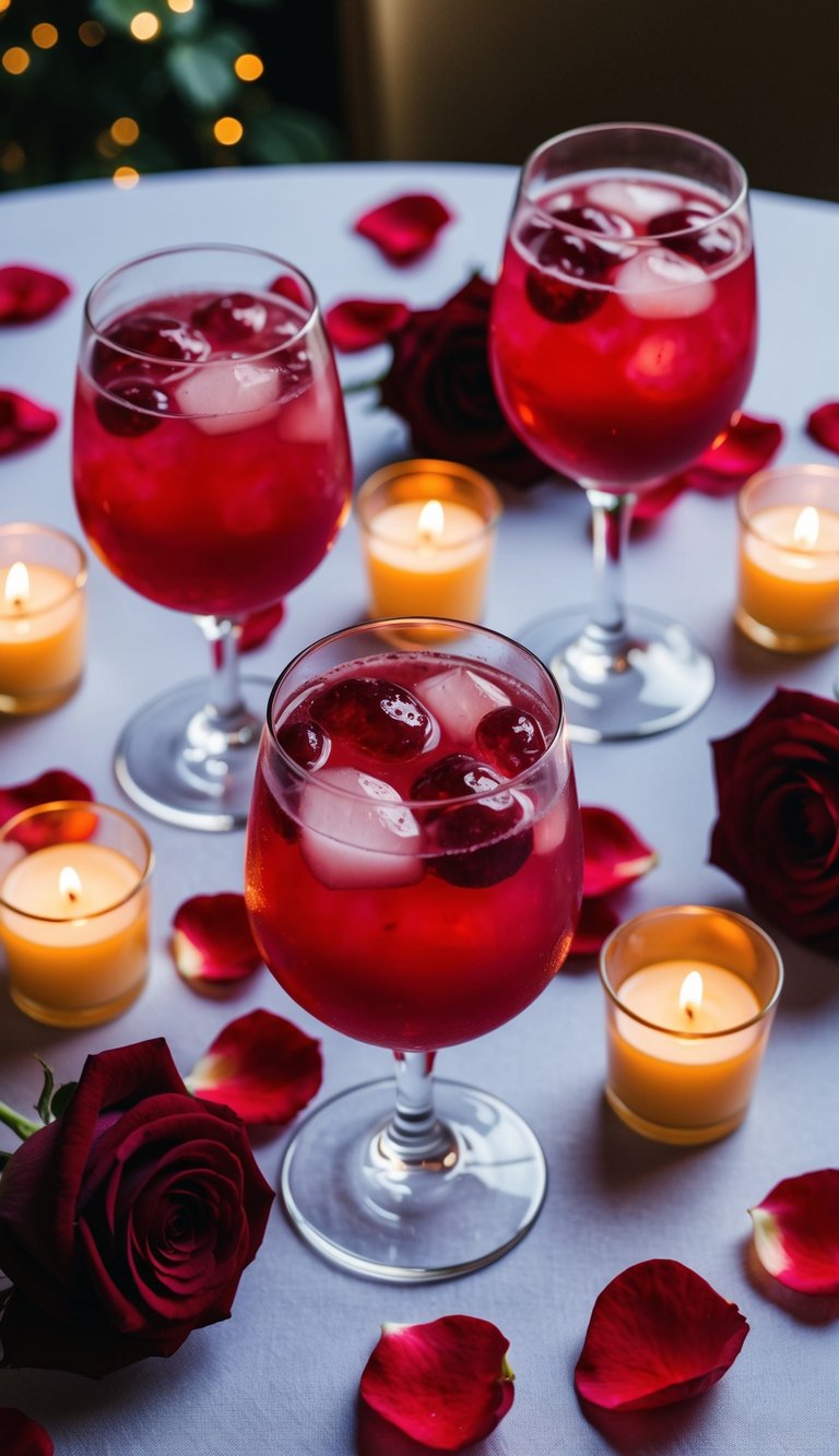 A table set with two glasses of ruby red mocktails, surrounded by rose petals and lit candles