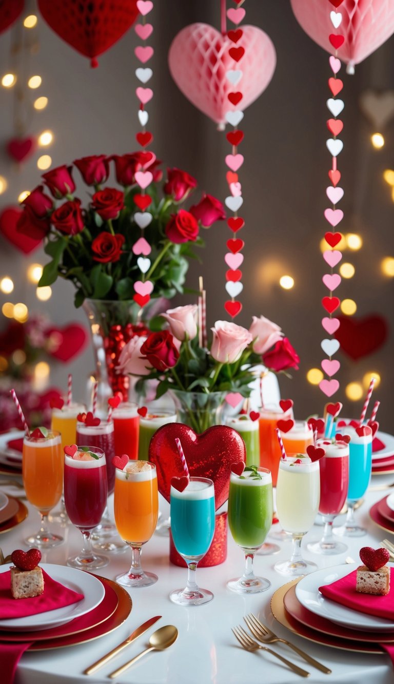 A table set with 23 colorful mocktails, adorned with festive Valentine's Day decorations and surrounded by romantic ambiance