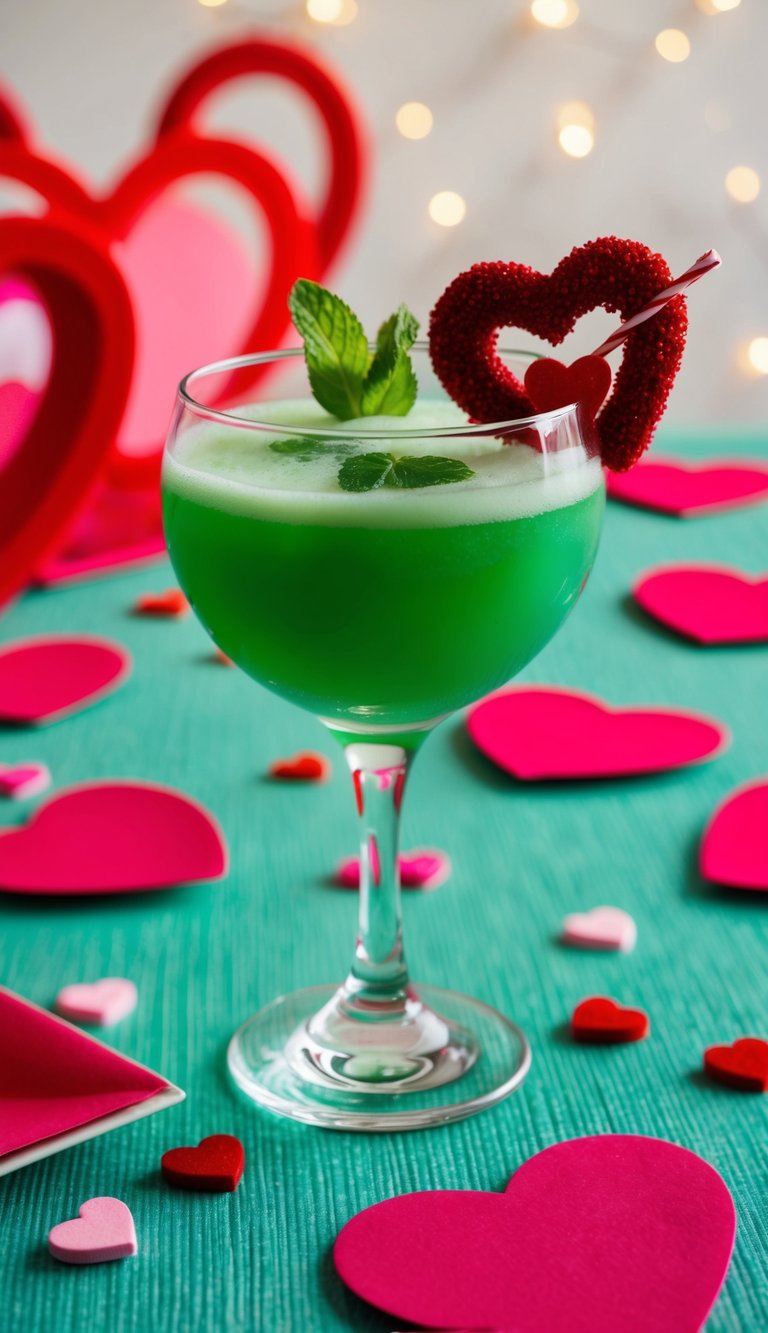 A glass filled with a vibrant, minty drink sits on a table adorned with Valentine's Day decorations. A heart-shaped garnish adds a festive touch