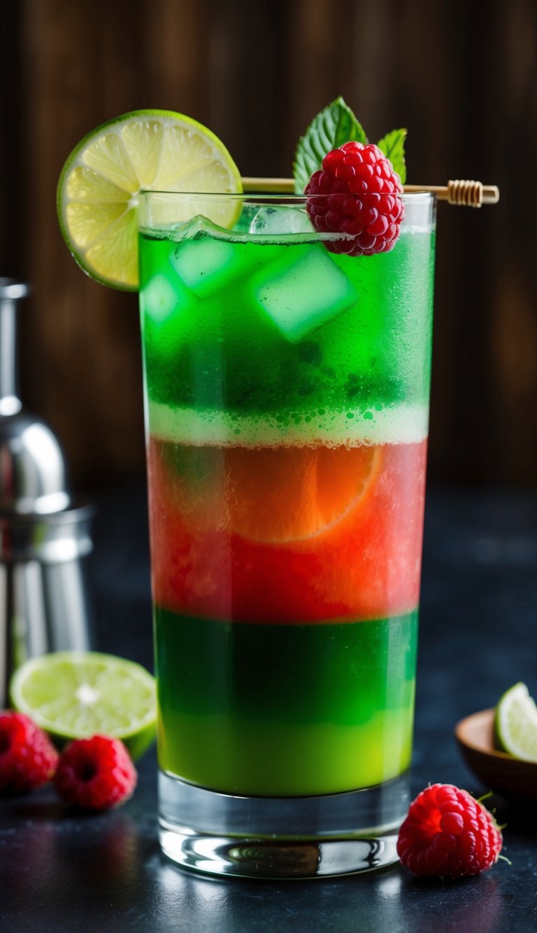 A tall glass filled with a vibrant red and green layered mocktail, garnished with a slice of lime and a fresh raspberry on the rim