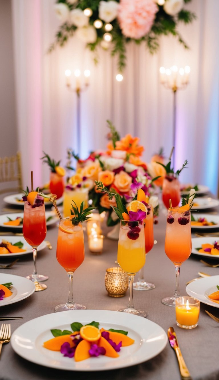 A table set with an array of vibrant, elegantly garnished mocktails, surrounded by romantic decor and soft lighting