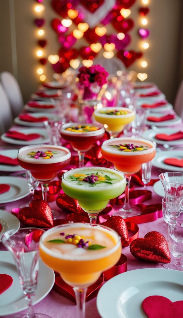 A festive table with an array of colorful and creatively garnished mocktails, surrounded by heart-shaped decorations and romantic ambiance