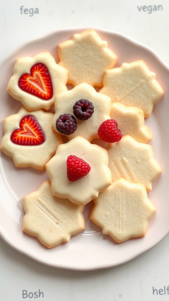 A plate of vegan sugar cookies decorated with strawberries and raspberries.