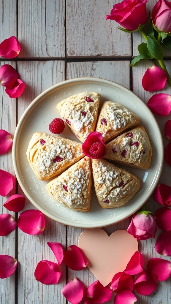 Delicious white chocolate raspberry scones arranged on a plate with rose petals.