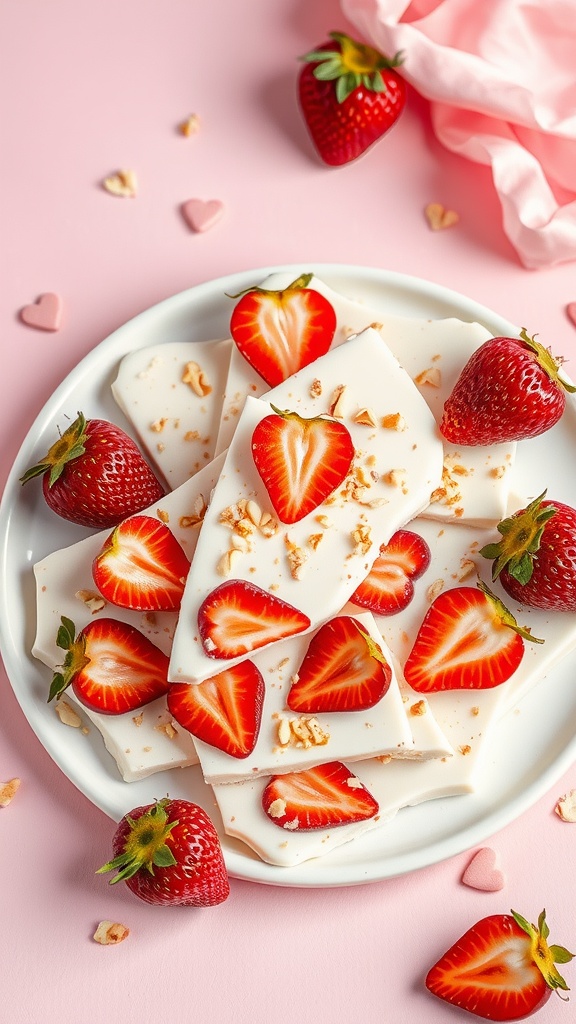 White chocolate bark topped with sliced strawberries and nuts on a plate.