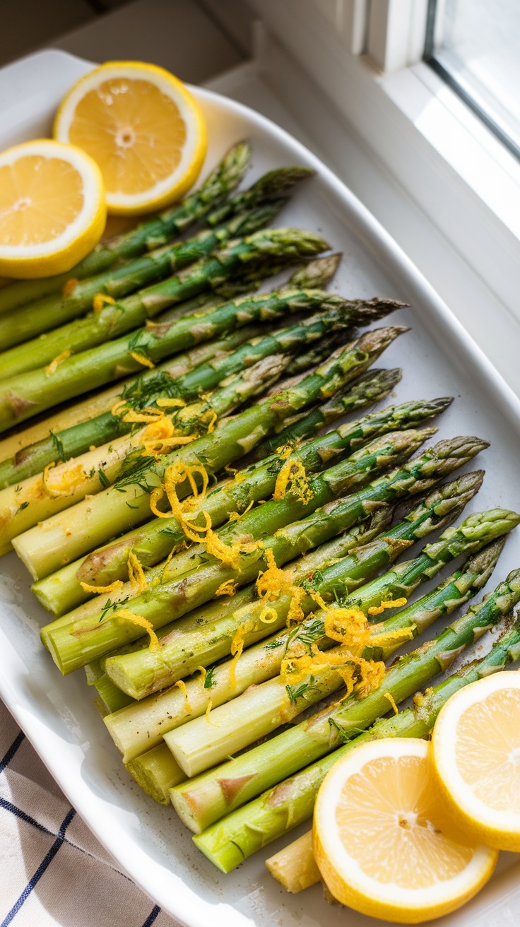 A plate of air fryer asparagus topped with lemon zest and lemon slices