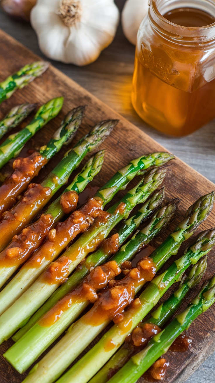 Air fryer honey garlic asparagus with garlic and honey in the background