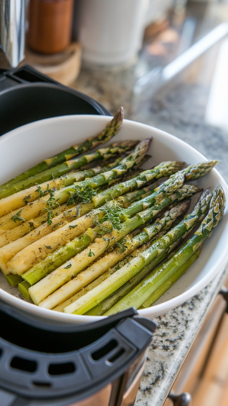 Fresh asparagus spears coated with garlic butter and herbs in an air fryer basket.