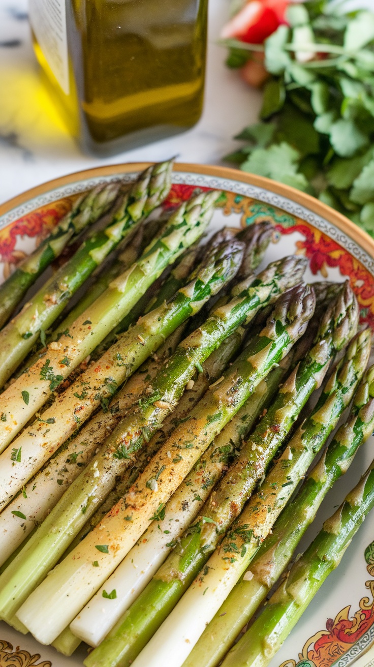 Plate of Air Fryer Italian Style Asparagus with olive oil and seasoning