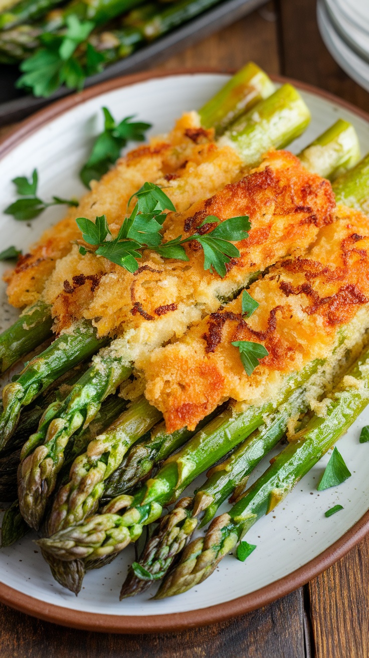 Air fryer garlic parmesan asparagus garnished with fresh parsley.