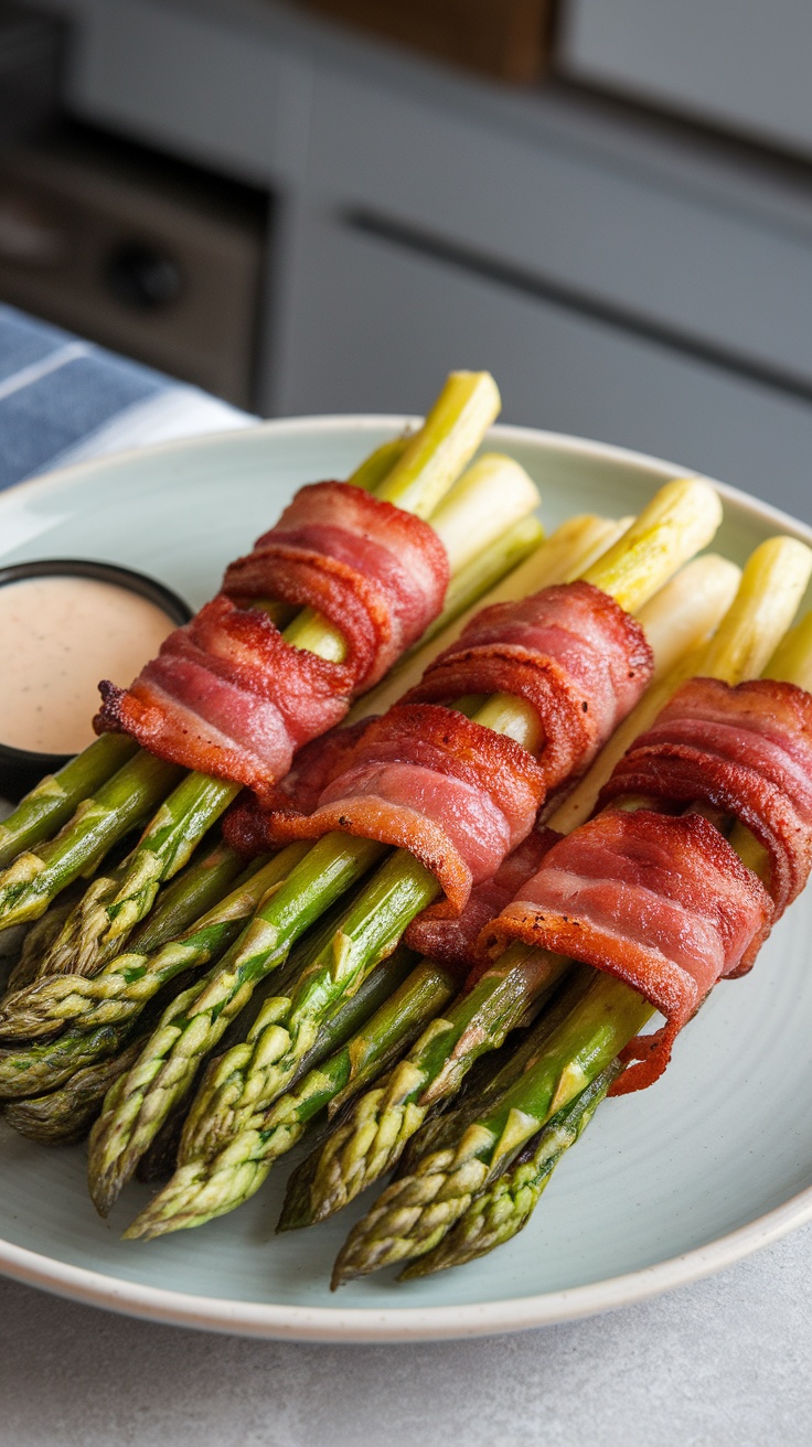 Crispy air fryer bacon-wrapped asparagus served with a dipping sauce.