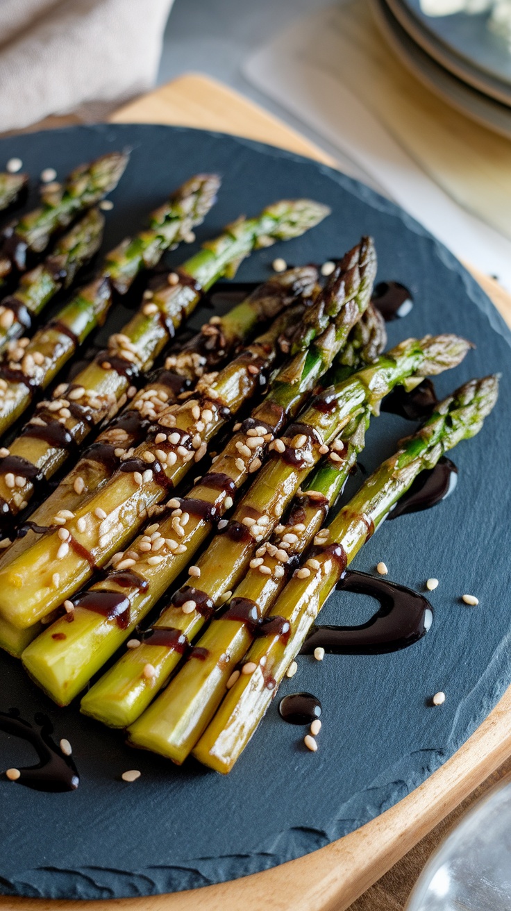 Air fryer balsamic glazed asparagus on a slate platter with sesame seeds