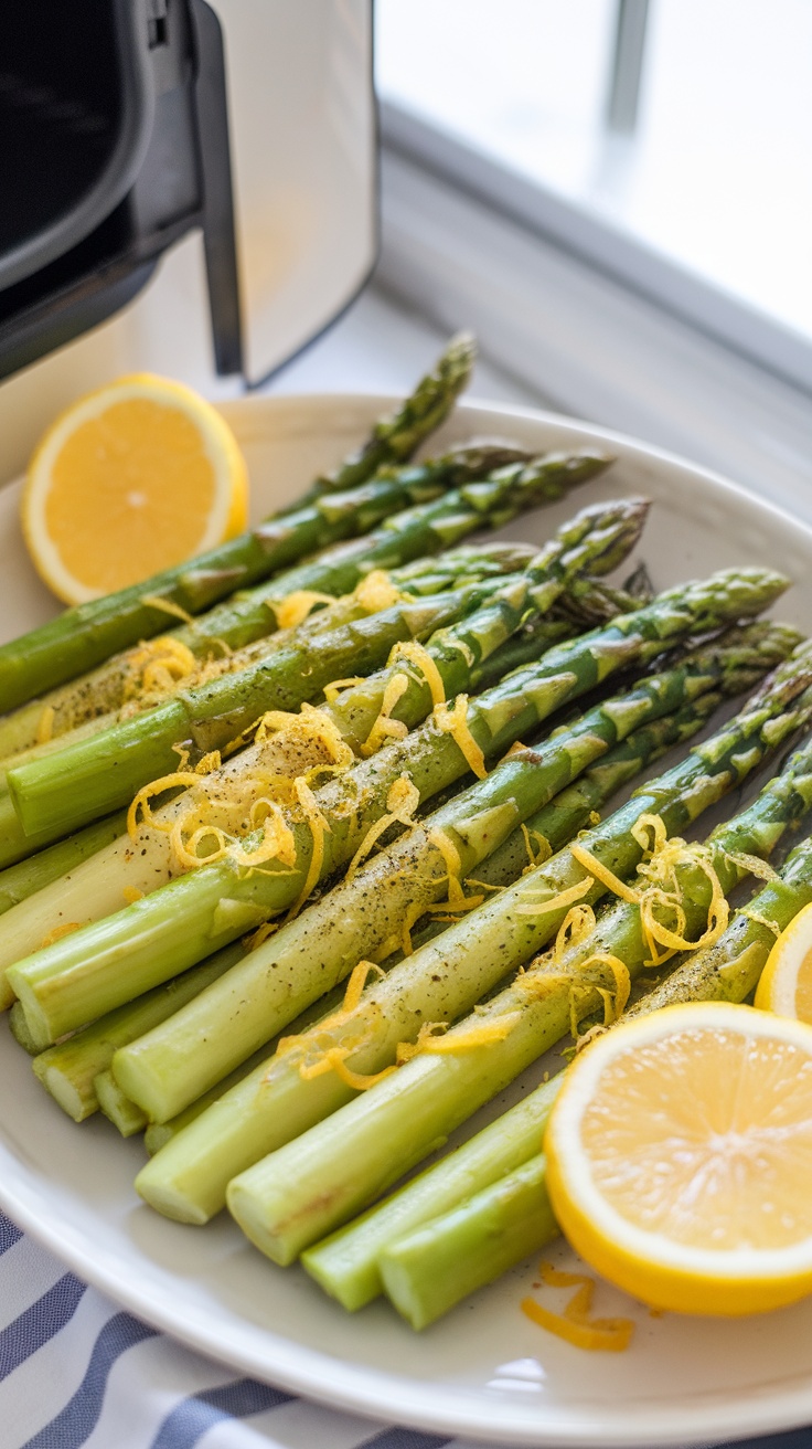 A plate of lemon pepper asparagus with lemon slices and zest, ready for air frying.