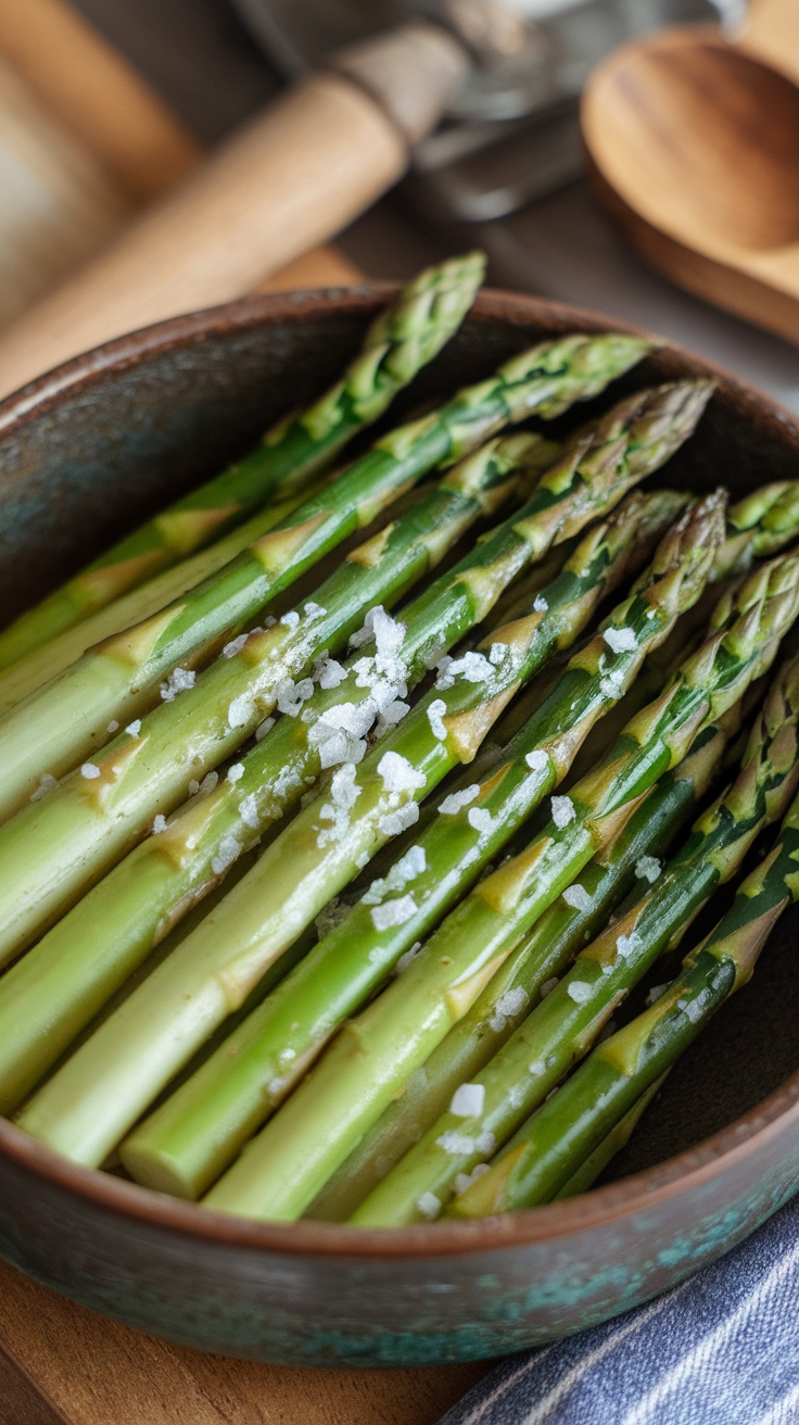 A bowl of freshly cooked asparagus topped with sea salt.