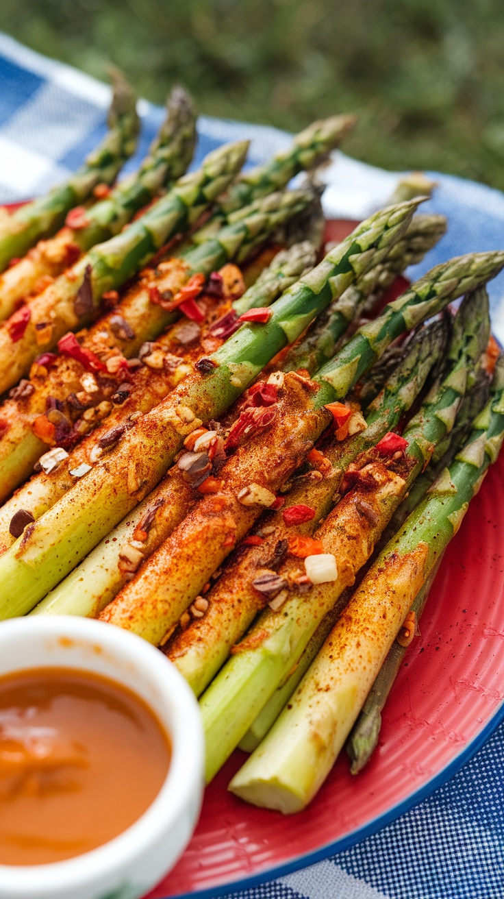 Plate of air fryer spicy asparagus garnished with spices and a dipping sauce