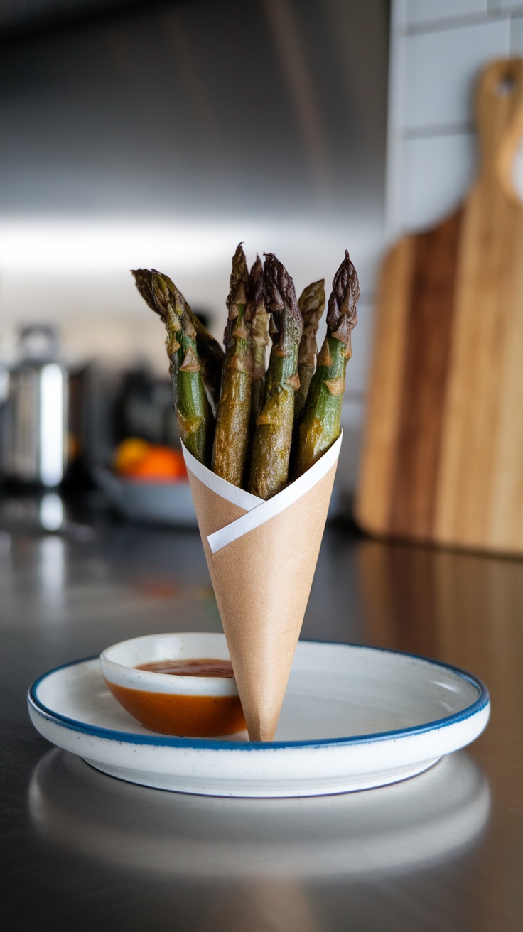 A cone filled with crispy asparagus fries and potato fries, garnished with herbs, set against a modern kitchen background.