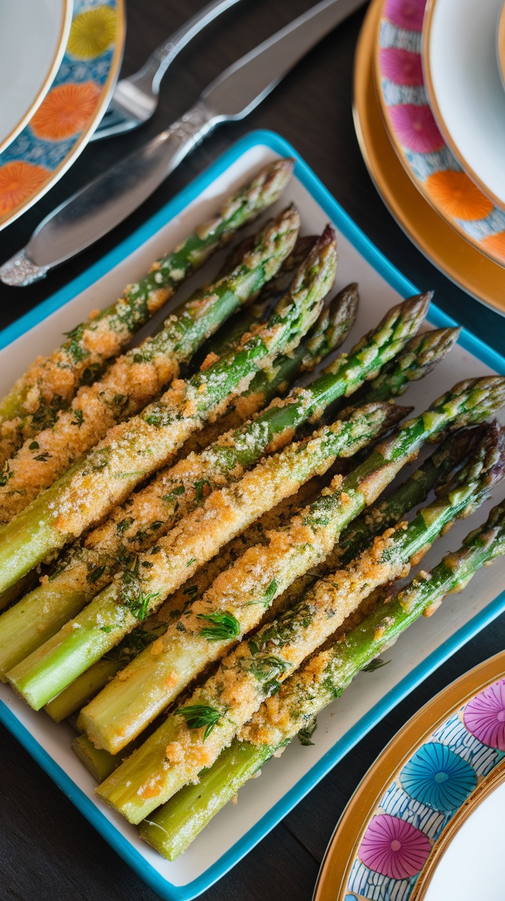 Plate of crispy Air Fryer Parmesan Crusted Asparagus garnished with herbs.