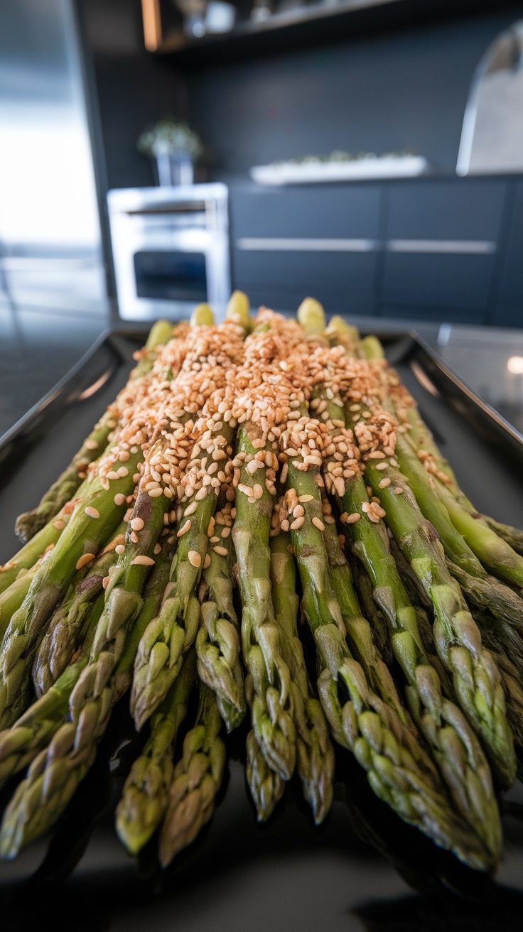 A close-up of air fryer sesame asparagus topped with sesame seeds on a black platter