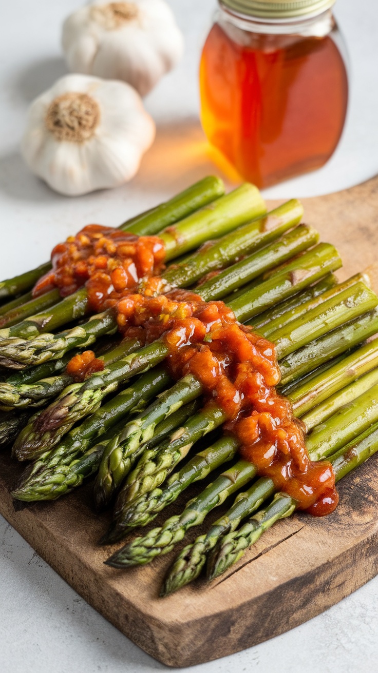 Air fryer honey garlic asparagus with sticky sauce on a rustic wooden board, garnished with fresh garlic and honey jars.