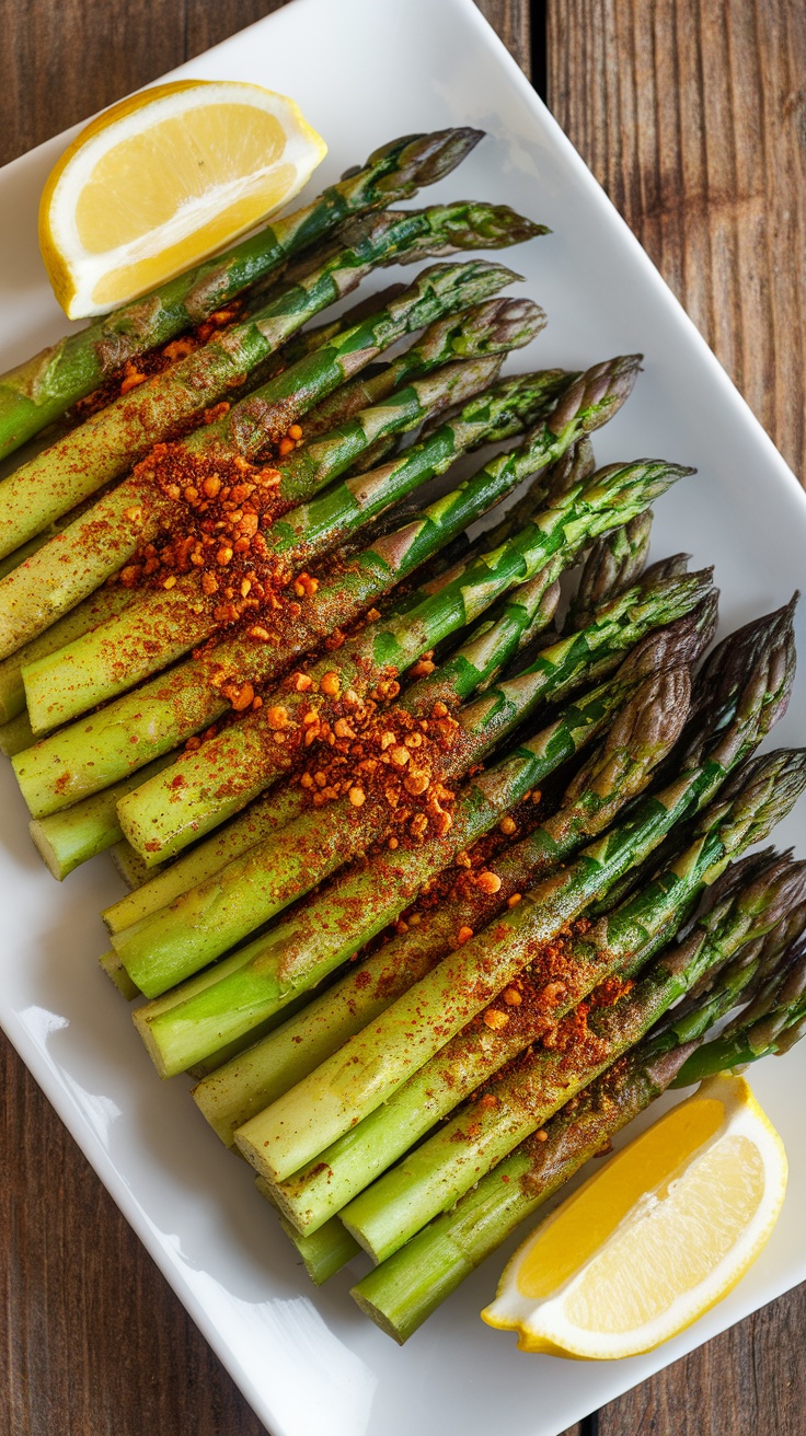 Crispy air fryer spicy asparagus on a plate, garnished with red pepper flakes and a lemon wedge.
