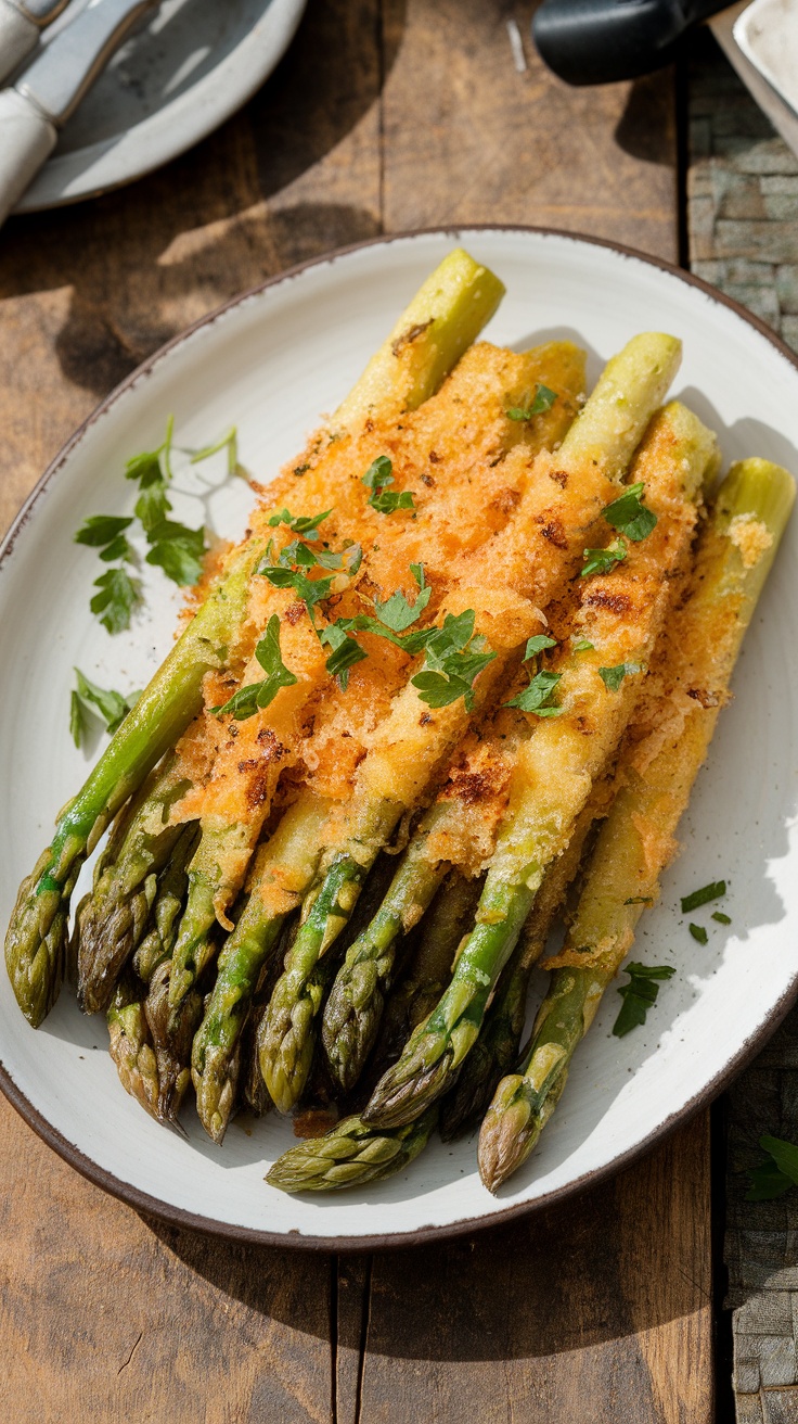 Crispy Air Fryer Garlic Parmesan Asparagus Air fryer garlic parmesan asparagus with crispy cheese and parsley on a white plate.